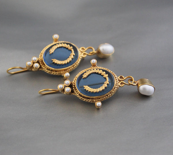 Blue Laurel Wreath Intaglio Earrings, Victorian Pearl Dangles, Gold Plated