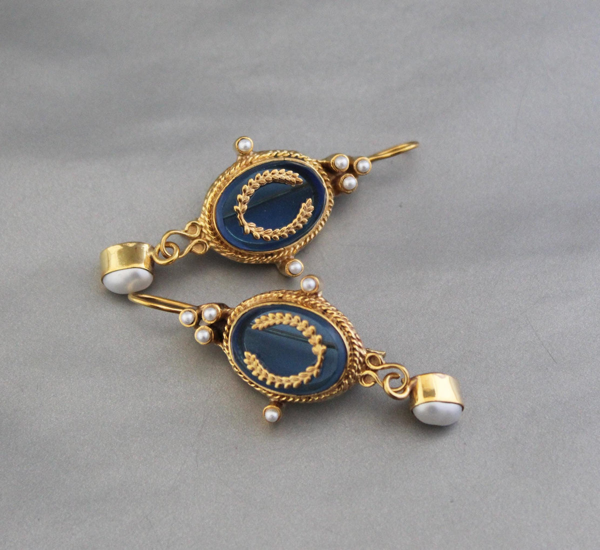 Blue Laurel Wreath Intaglio Earrings, Victorian Pearl Dangles, Gold Plated, photo 4