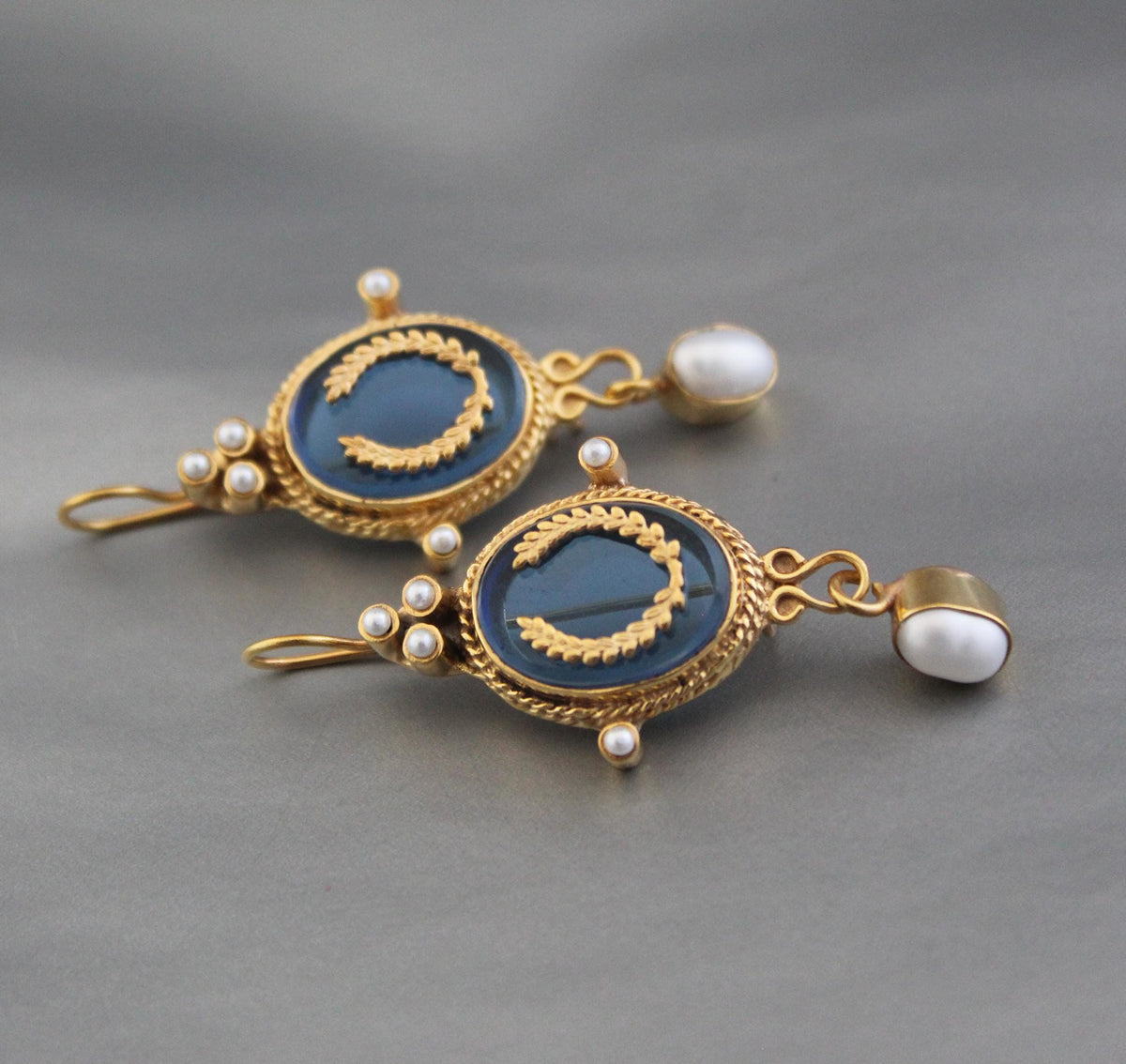 Blue Laurel Wreath Intaglio Earrings, Victorian Pearl Dangles, Gold Plated, photo 6