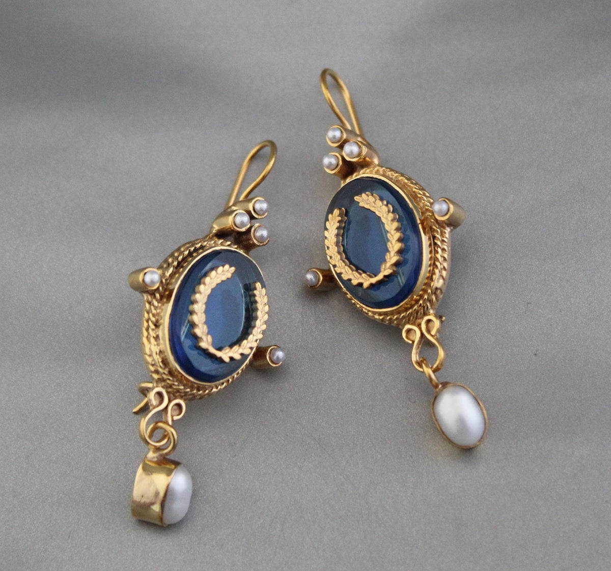 Blue Laurel Wreath Intaglio Earrings, Victorian Pearl Dangles, Gold Plated, photo 7