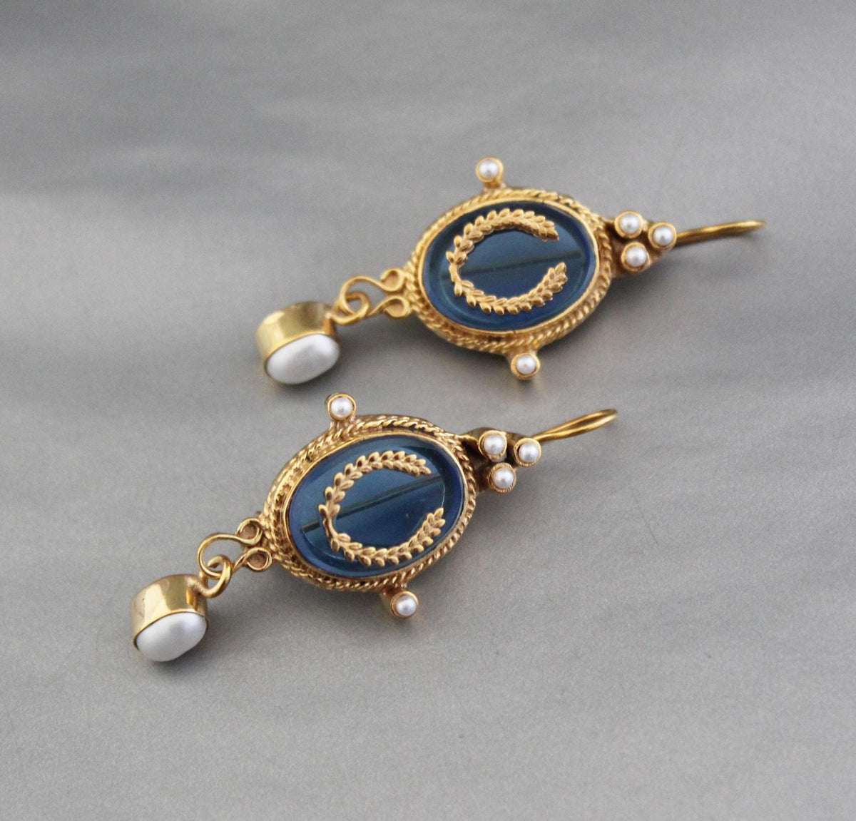 Blue Laurel Wreath Intaglio Earrings, Victorian Pearl Dangles, Gold Plated, photo 8
