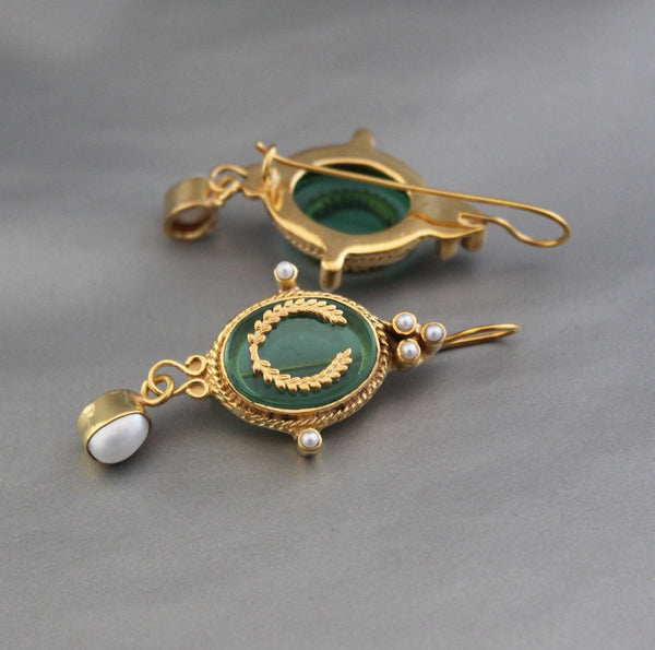 Green Glass Intaglio Drop Earrings, Victorian Style, Gold Vermeil