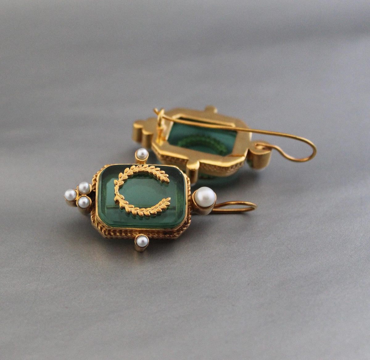 Green Laurel Intaglio Earrings, Victorian Style, 18K Gold Plated, photo 6