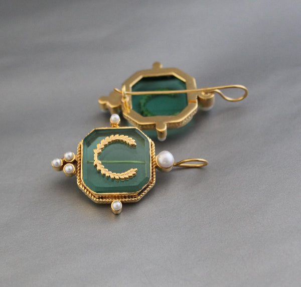 Green Laurel Wreath Intaglio Earrings, Vintage Gold Statement