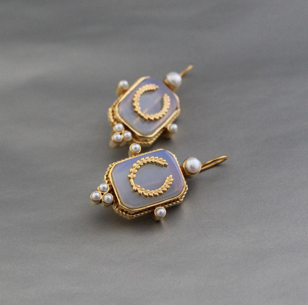 Opal Laurel Intaglio Earrings, Victorian Pearl Accents, Gold Plated
