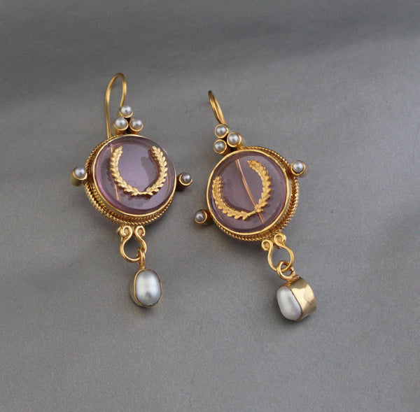 Pink Crystal Laurel Intaglio Earrings, Victorian Dangles, Gold Plated