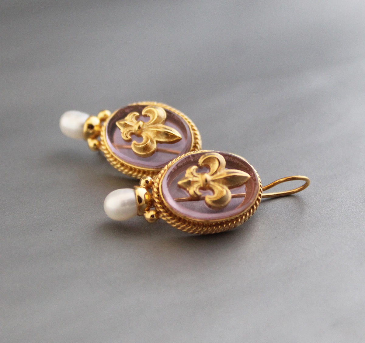 Intaglio Glass Earrings, Victorian Style with Pearls, Gold Plated