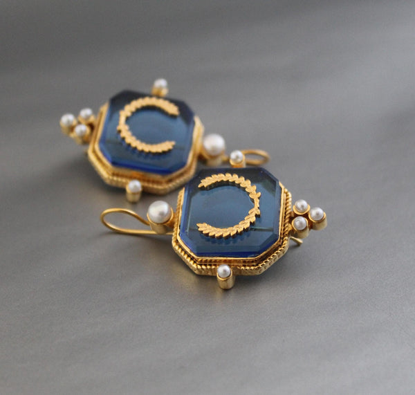 Blue Laurel Intaglio Earrings, Victorian Style, Gold Plated