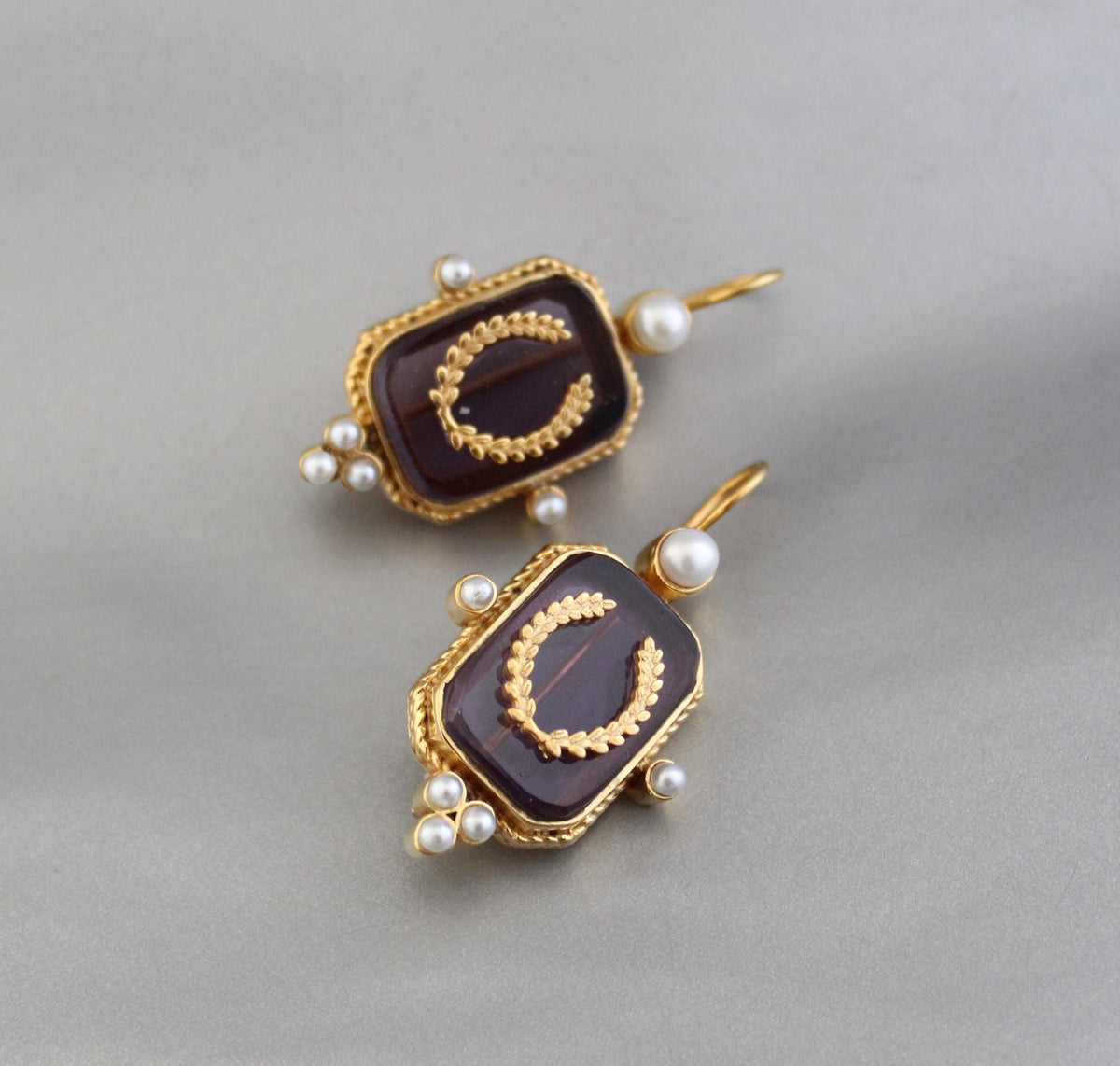 Purple Laurel Intaglio Earrings, Victorian Pearl Accents, Gold Plated, photo 11