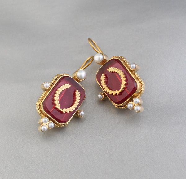 Red Laurel Intaglio Earrings, Victorian Style, Gold Plated