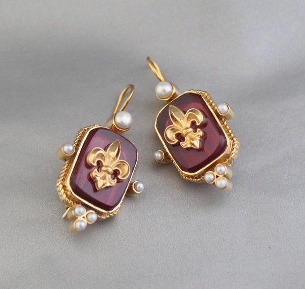 Red Intaglio Earrings, Victorian Style, Gold Plated