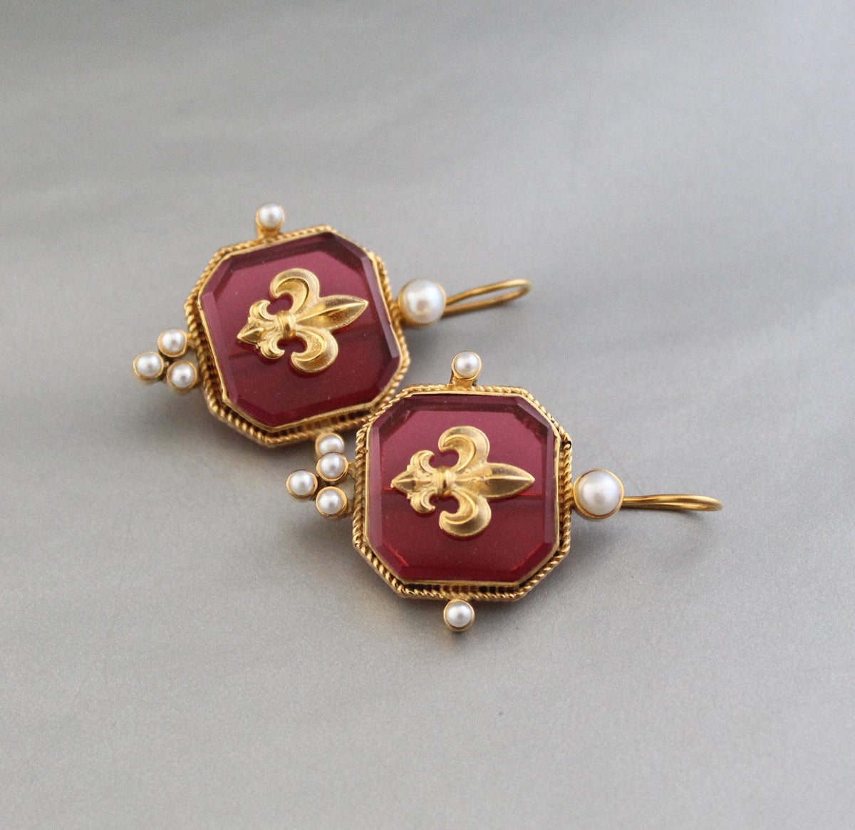 Red Intaglio Glass Earrings, Victorian Dangles with Pearls, Gold Plated, photo 10
