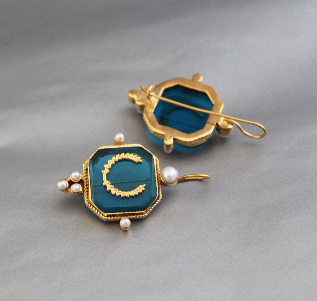 Turquoise Blue Laurel Intaglio Earrings, Victorian Style, Gold Plated, photo 4