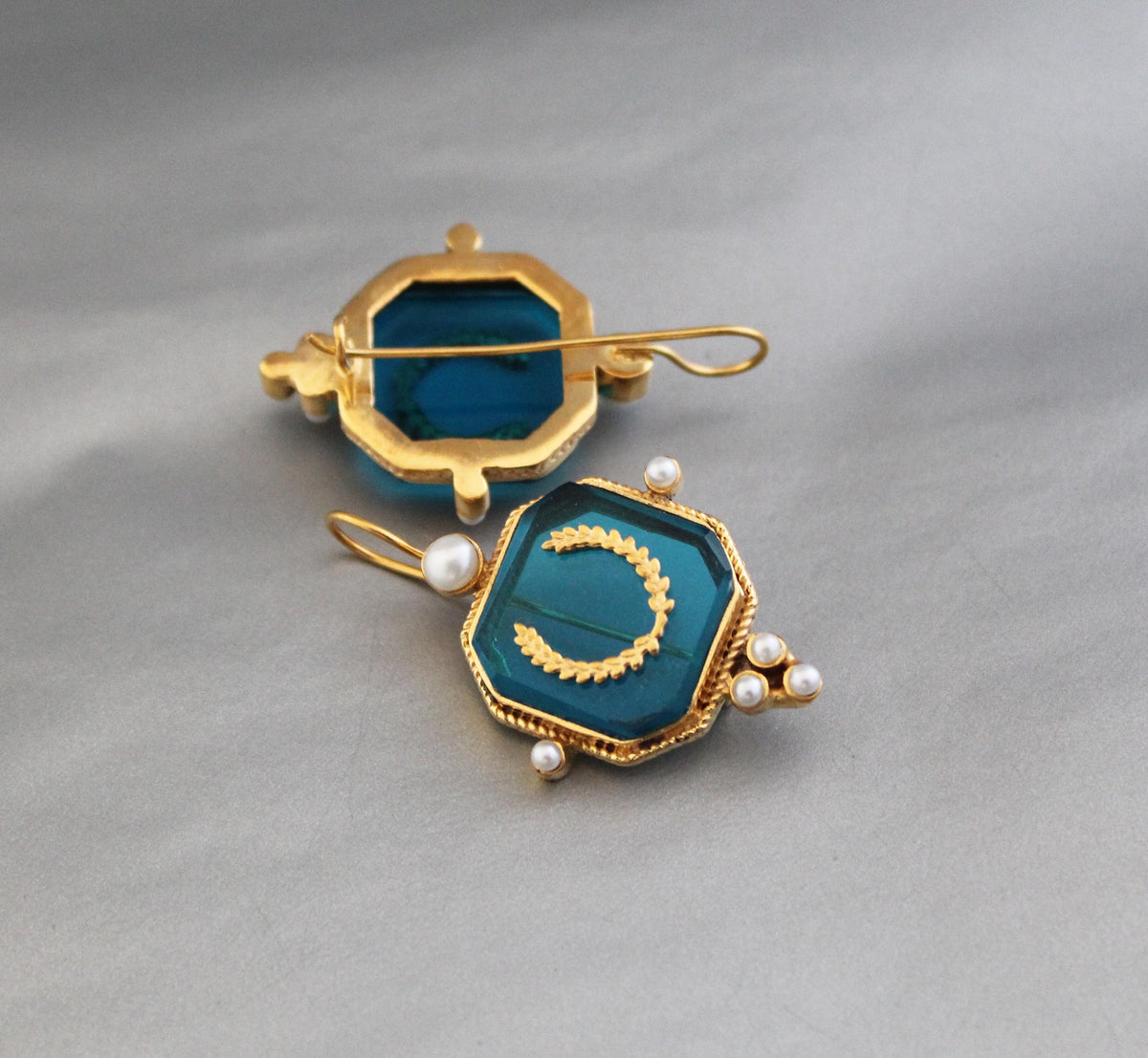 Turquoise Blue Laurel Intaglio Earrings, Victorian Style, Gold Plated, photo 6