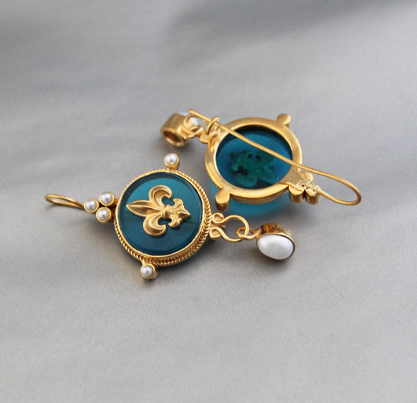 Turquoise Blue Intaglio Earrings, Victorian Dangles, Gold Plated