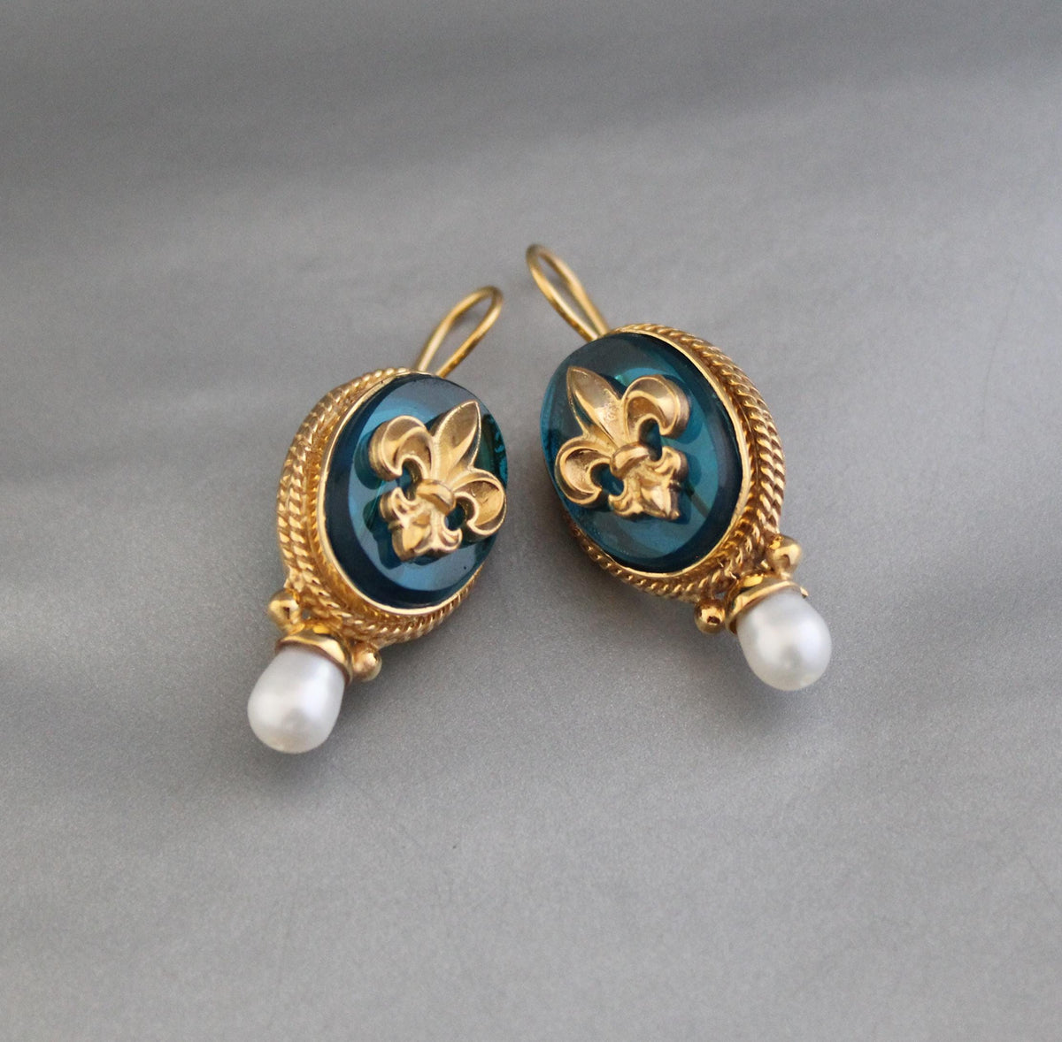 Turquoise Fleur-de-lis Intaglio Earrings, Victorian Pearl Drops, Gold Plated