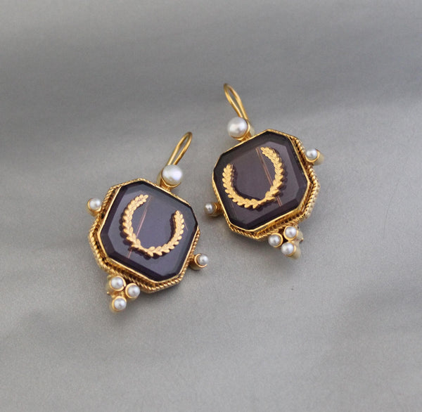 Laurel Intaglio Glass Earrings, Victorian Art Deco Style, Gold Plated