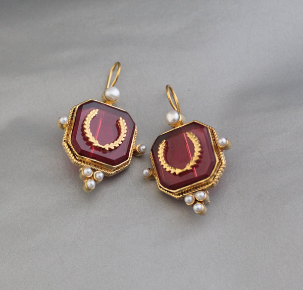 Red Laurel Wreath Intaglio Earrings, Victorian Bridal, Gold Plated