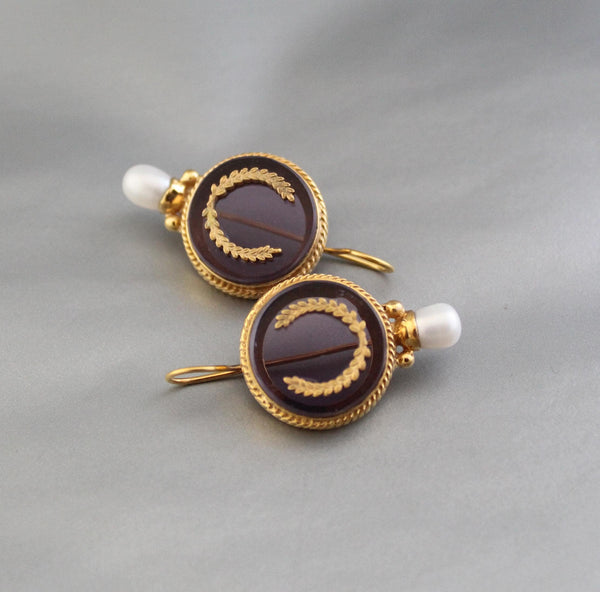 Intaglio Glass Earrings, Freshwater Pearl, Art Deco Gold Vermeil