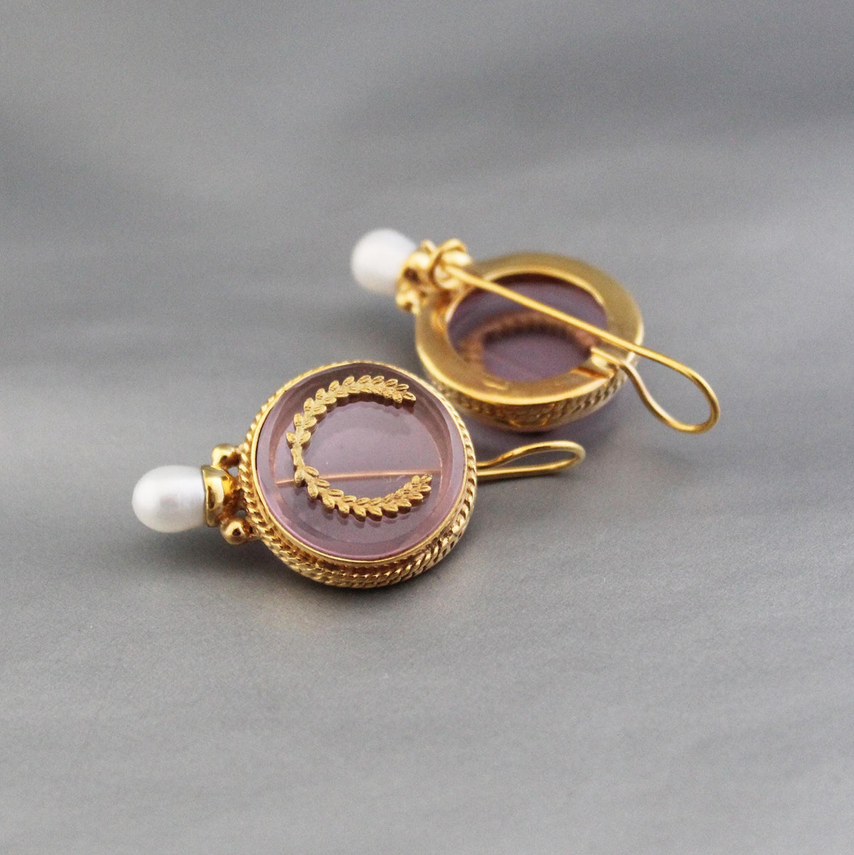 Pink Laurel Intaglio Earrings, 1920s Art Deco Style, photo 5
