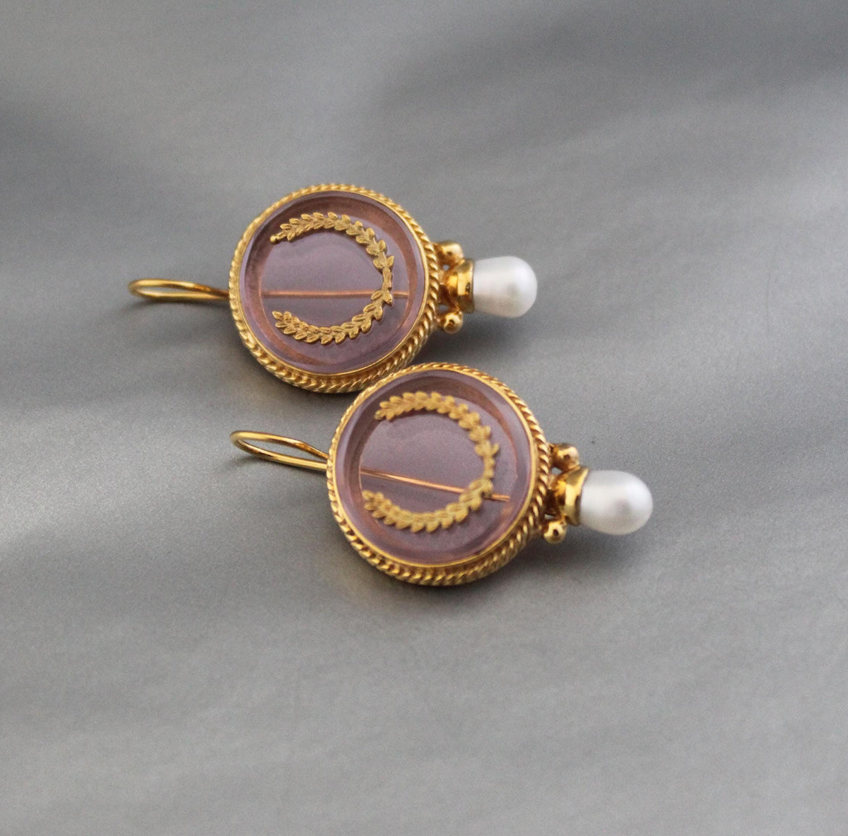 Pink Laurel Intaglio Earrings, 1920s Art Deco Style, photo 8