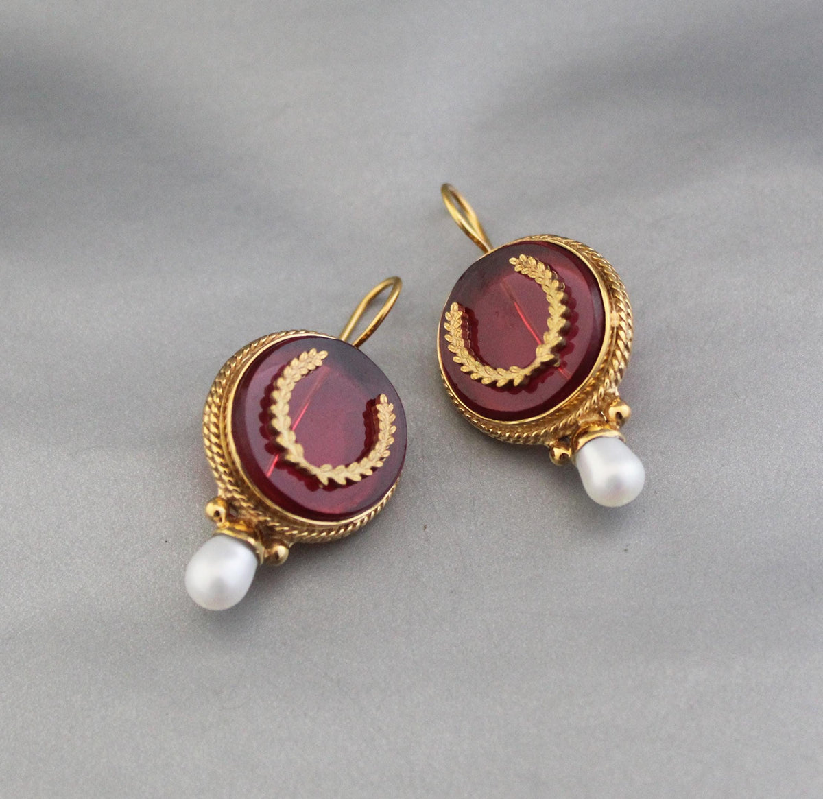 Red Laurel Wreath Intaglio Earrings, Victorian Gold Vermeil, photo 6