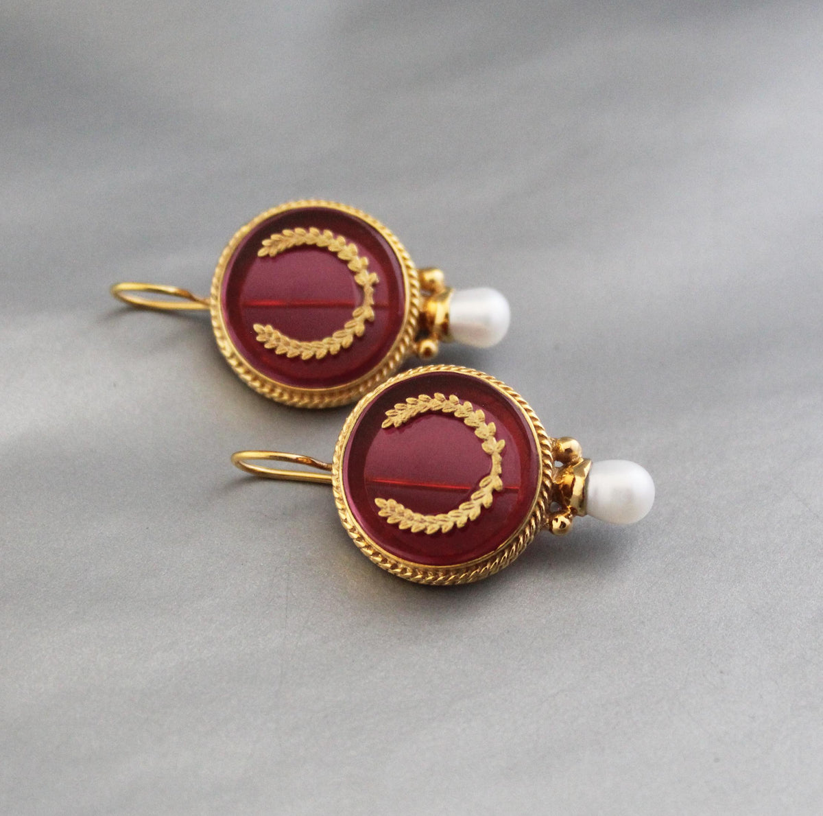 Red Laurel Wreath Intaglio Earrings, Victorian Gold Vermeil, photo 8