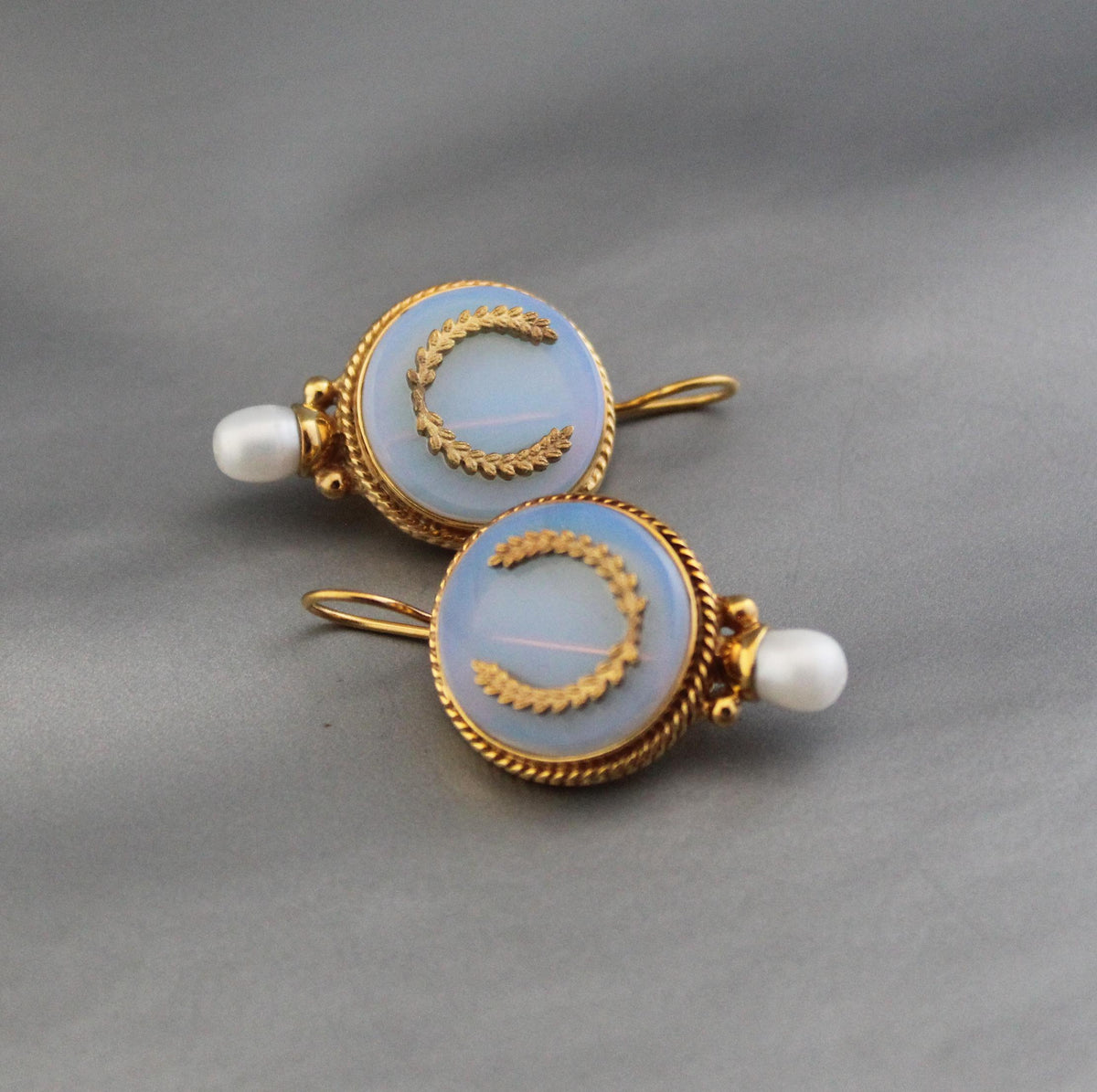 Opal Glass Intaglio Earrings, Art Deco Pearl Drops, Brass, photo 6