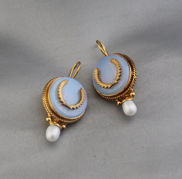Opal Glass Intaglio Earrings, Art Deco Pearl Drops, Brass