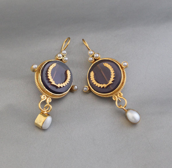 Purple Crystal Laurel Intaglio Earrings, Bridal Pearls, Gold Vermeil