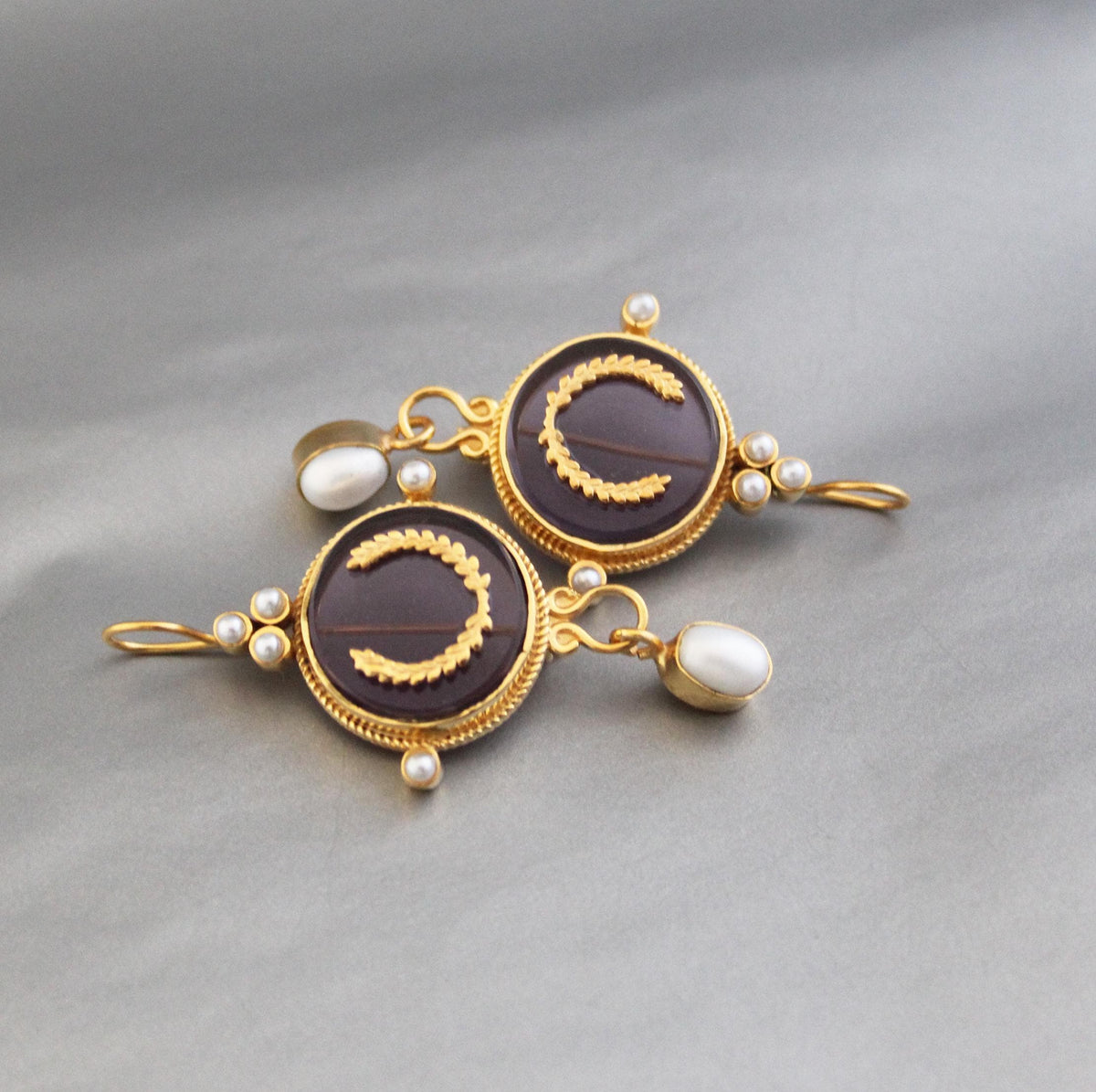 Purple Crystal Laurel Intaglio Earrings, Bridal Pearls, Gold Vermeil, photo 4