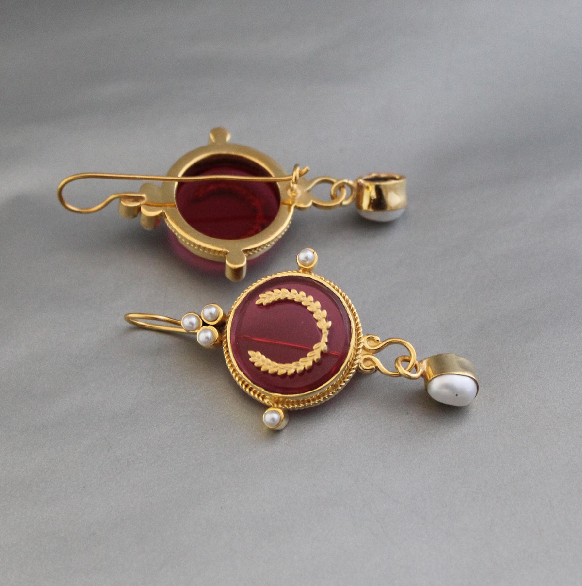 Red Laurel Intaglio Drop Earrings, Victorian Style, Gold Plated, photo 4