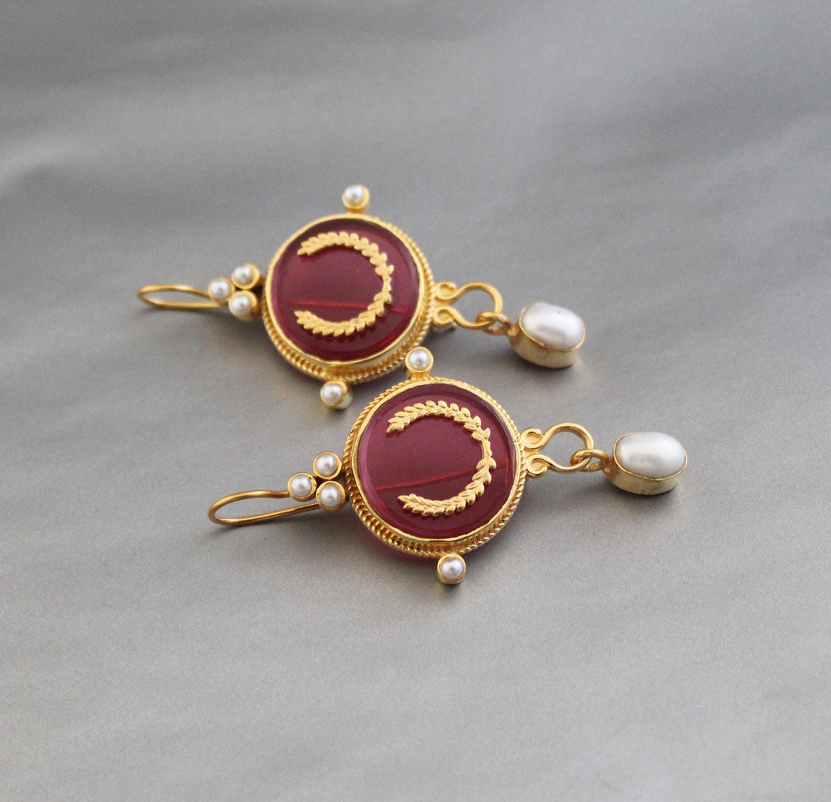 Red Laurel Intaglio Drop Earrings, Victorian Style, Gold Plated, photo 6