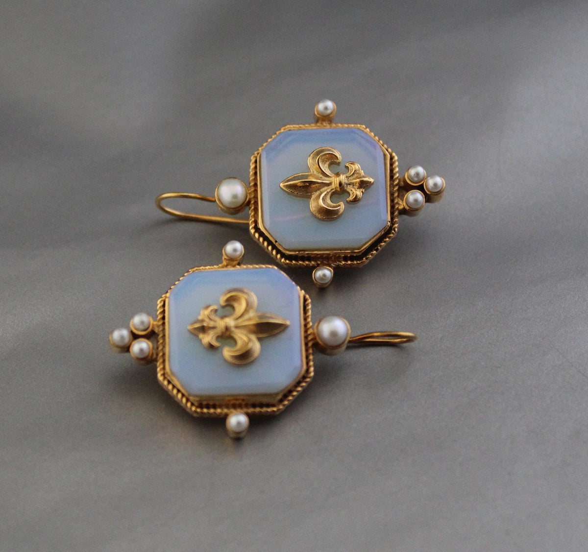 Opal Fleur-de-lis Intaglio Earrings, Victorian Style, Gold Vermeil, photo 7