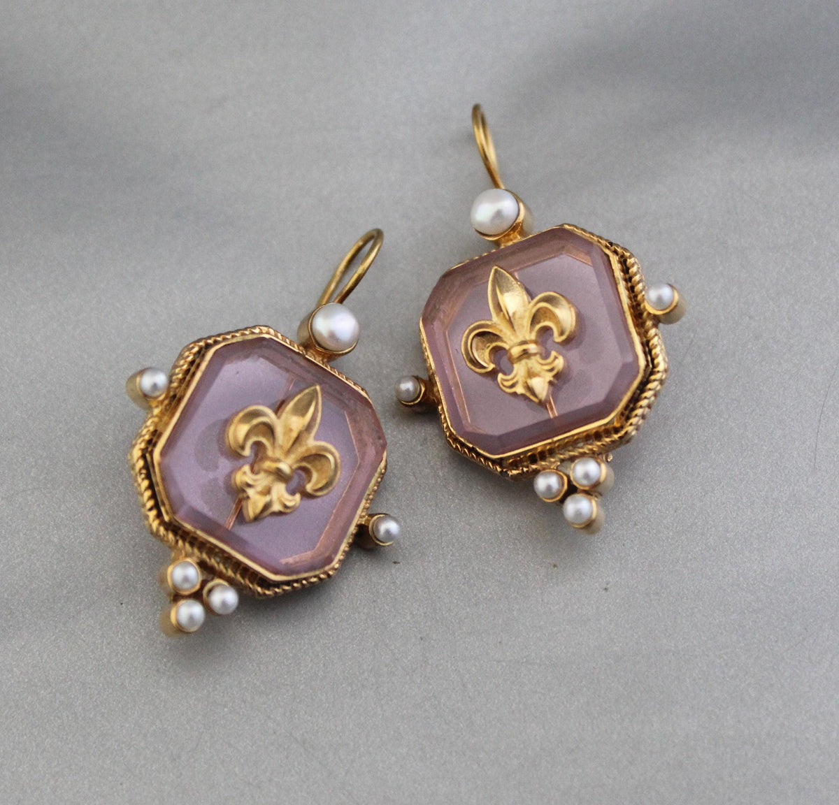 Fleur-de-lis Intaglio Glass Earrings, Victorian Pearl Dangles, Gold Plated