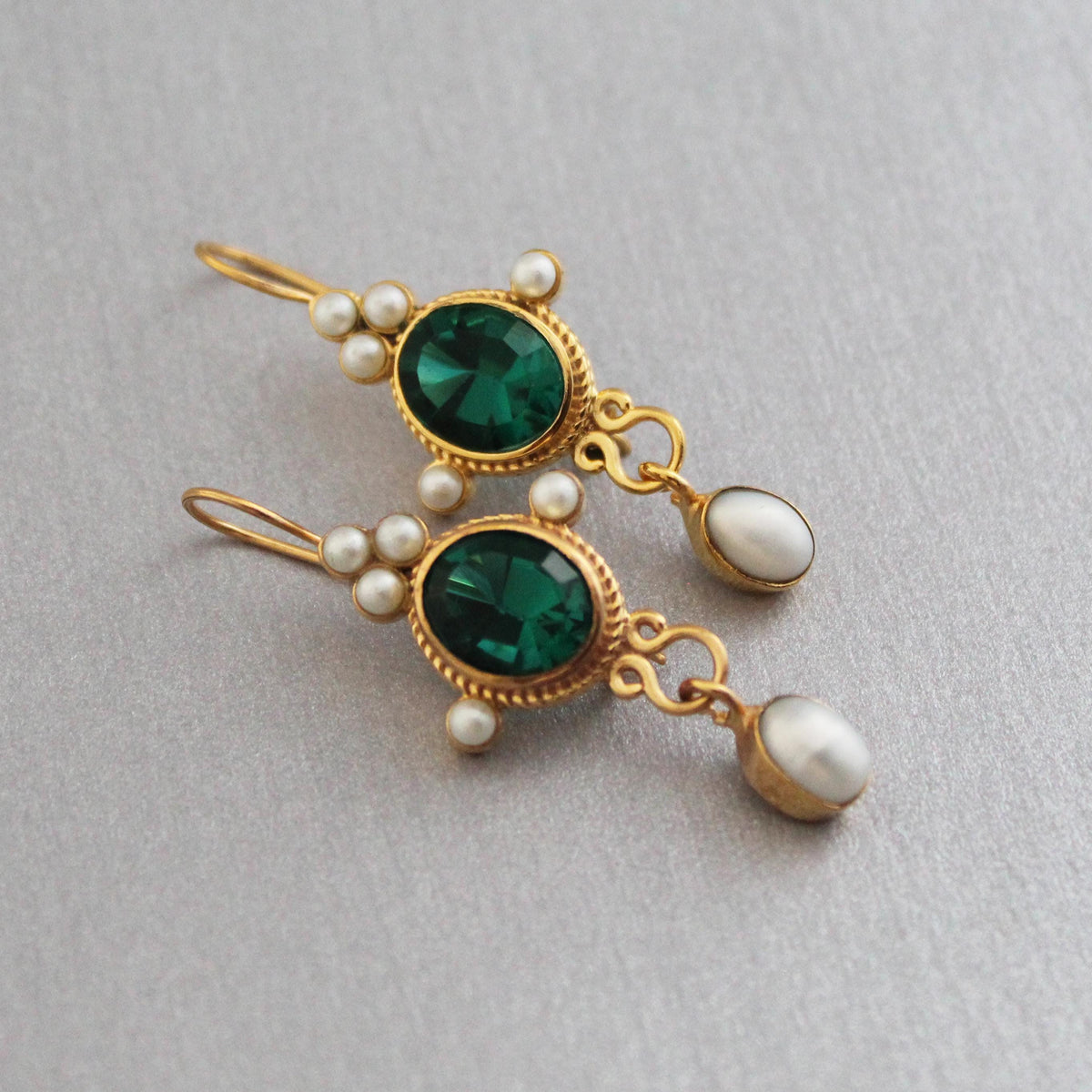 Dark Green Glass Intaglio Earrings, Victorian Style, Gold Vermeil with Pearls, photo 6