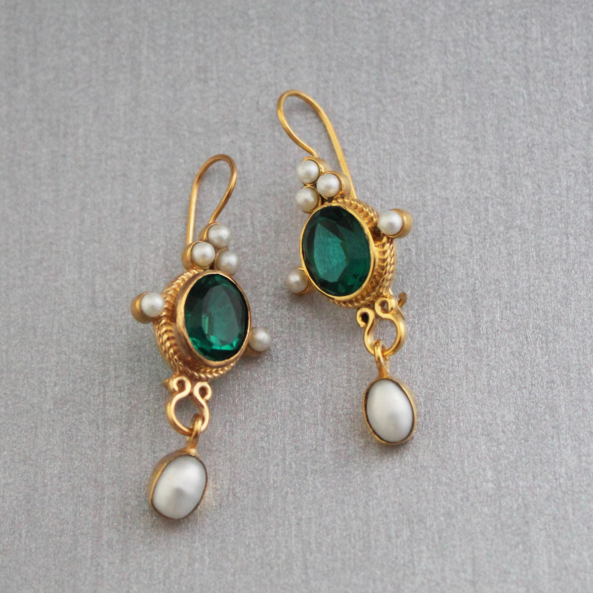 Dark Green Glass Intaglio Earrings, Victorian Style, Gold Vermeil with Pearls, photo 5