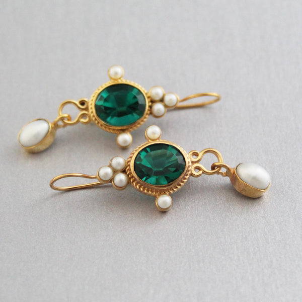 Dark Green Glass Intaglio Earrings, Victorian Style, Gold Vermeil with Pearls