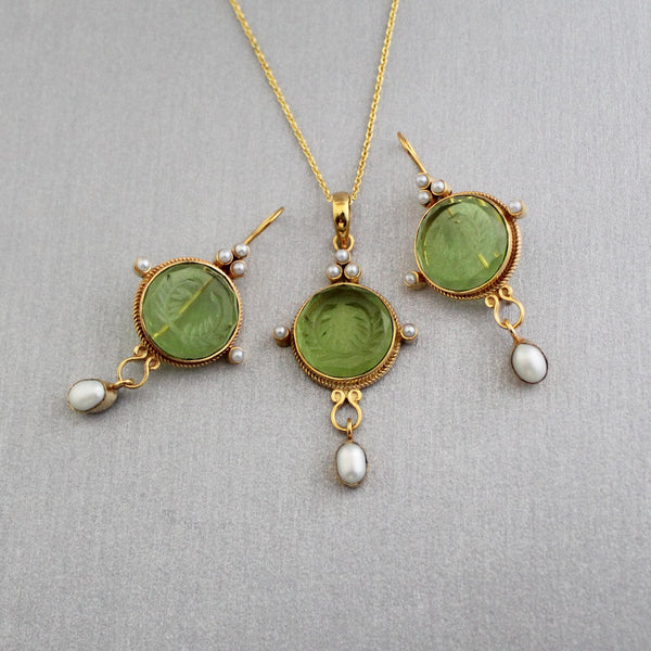 Green Crystal Laurel Wreath Intaglio Earrings, Gold Dangles, photo 2