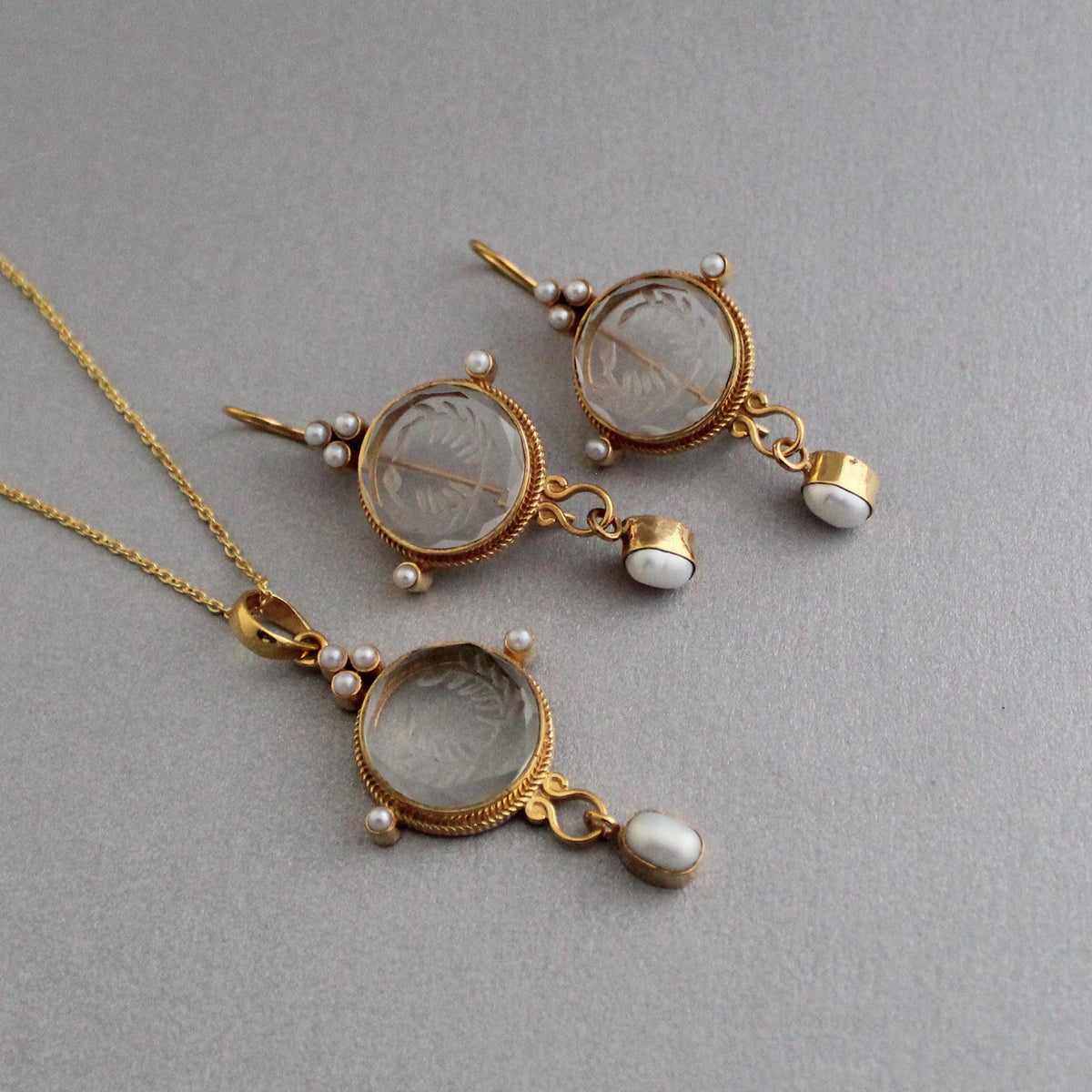 Clear Laurel Wreath Intaglio Pendant and Earrings Set, Gold Chandelier