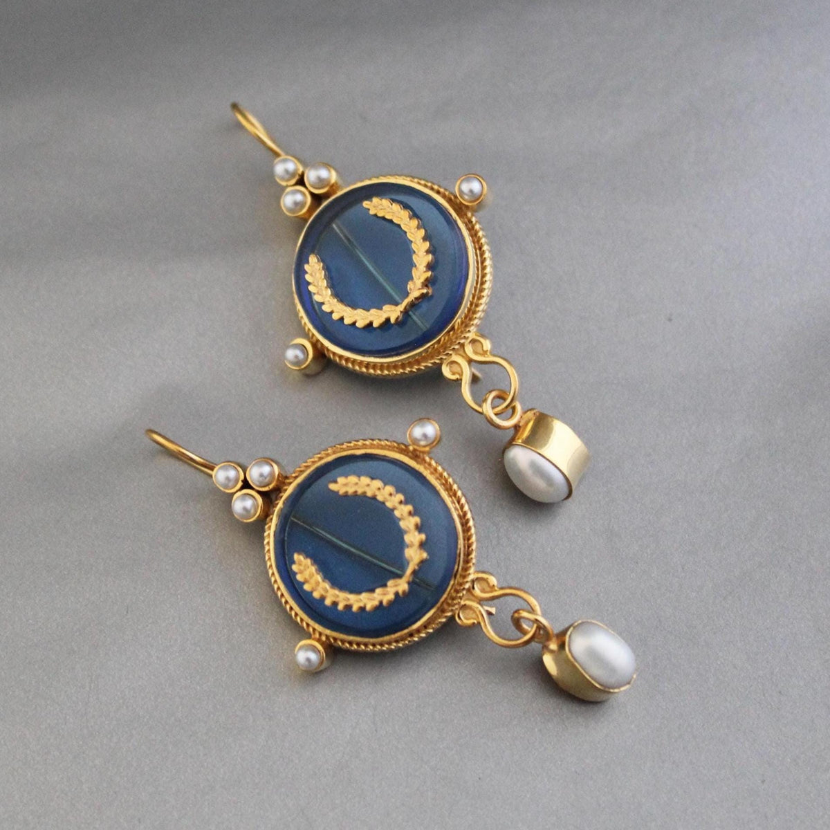 Blue Laurel Intaglio Earrings, Victorian Bridal Pearl Dangles, Gold Plated, photo 2