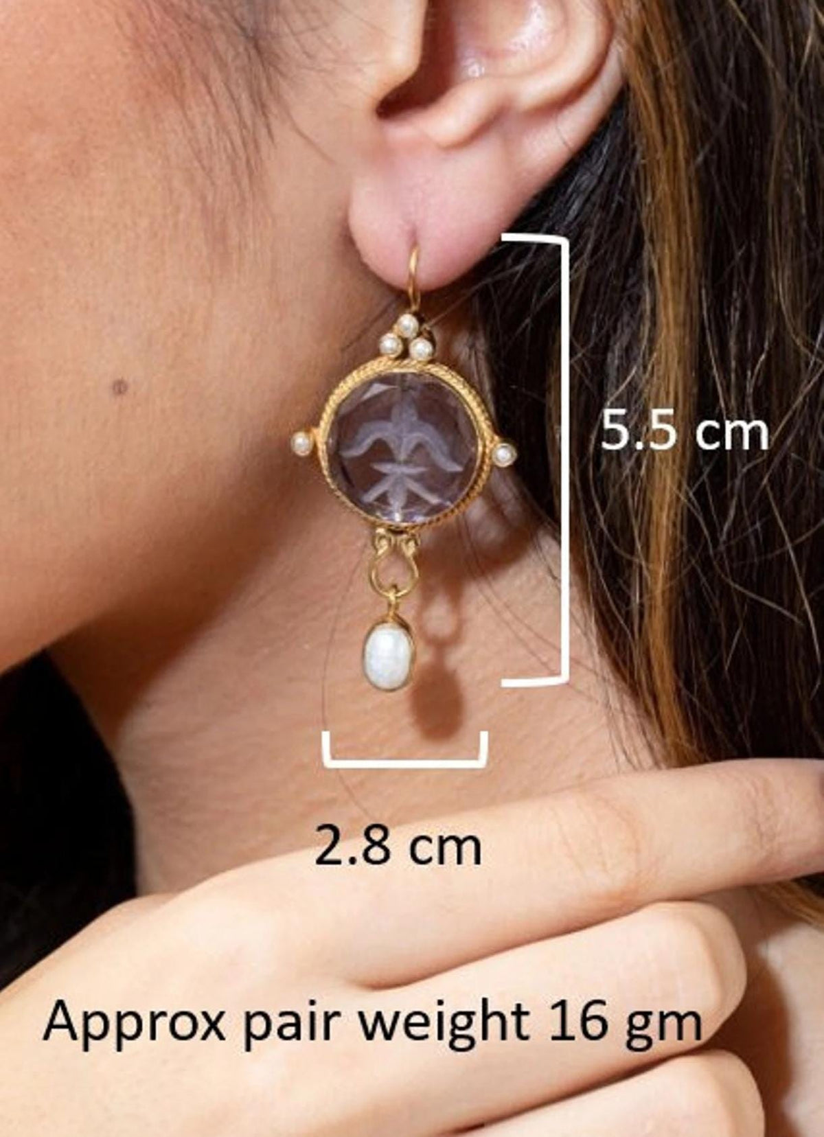 Blue Laurel Intaglio Earrings, Victorian Bridal Pearl Dangles, Gold Plated, photo 3