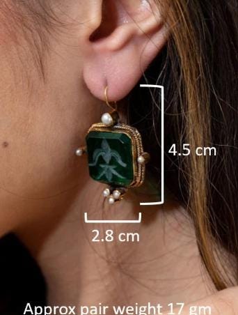 Laurel Intaglio Glass Earrings, Victorian Art Deco Style, Gold Plated, photo 3