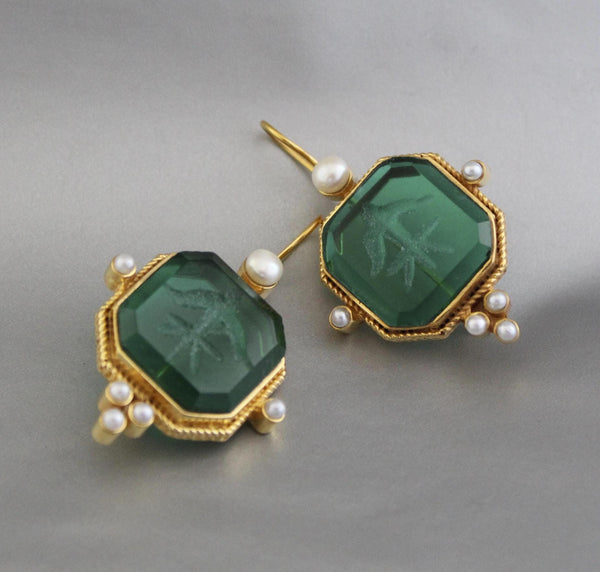 Green Intaglio Earrings, Victorian Style, Gold Brass