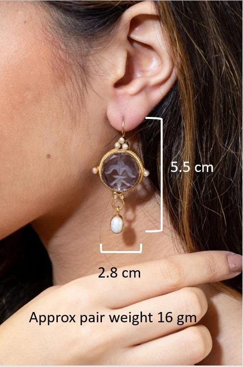 Red Laurel Intaglio Drop Earrings, Victorian Style, Gold Plated, photo 3
