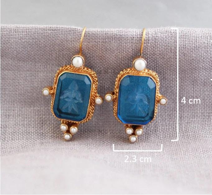 Purple Laurel Intaglio Earrings, Victorian Pearl Accents, Gold Plated, photo 3