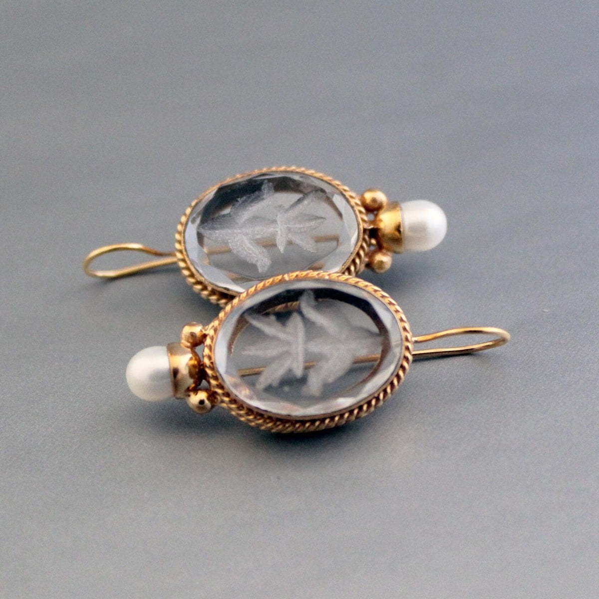 Intaglio Glass Earrings, Victorian Art Deco Bridal, 18K Gold Vermeil