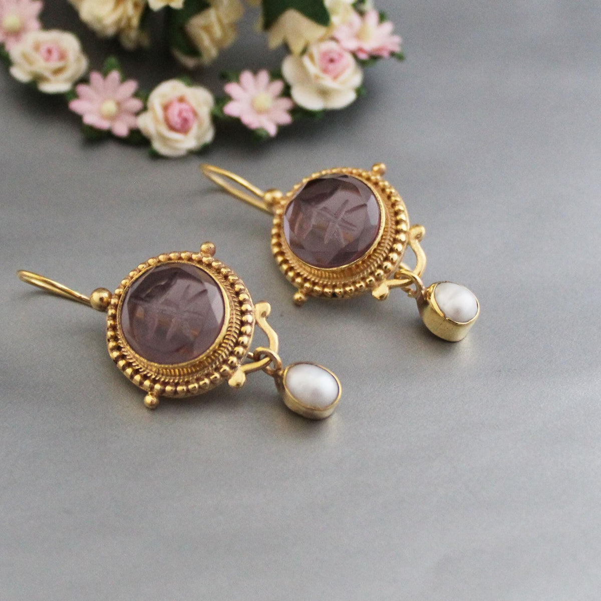 Purple Intaglio Glass Earrings, Vintage Drops, Gold Vermeil