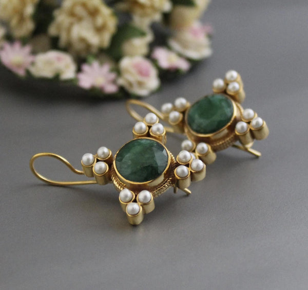 Emerald and Pearl Earrings, Art Deco Bridal Style, 18K Gold Vermeil