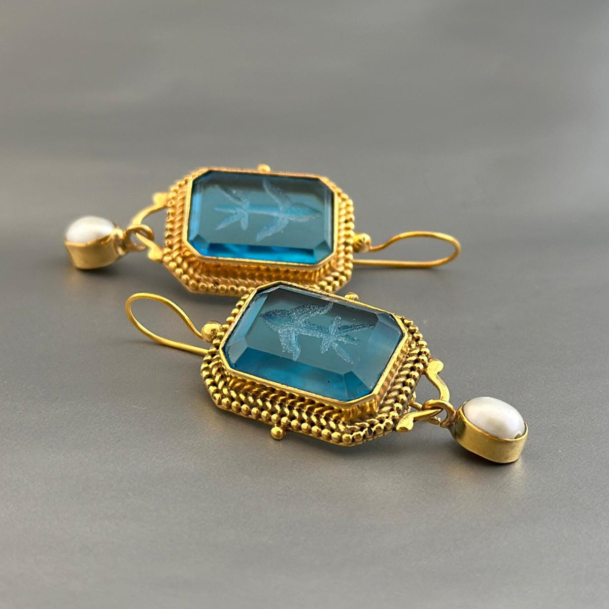 Blue Glass Intaglio Earrings, Victorian Bridal Pearl Dangles, Gold, photo 2